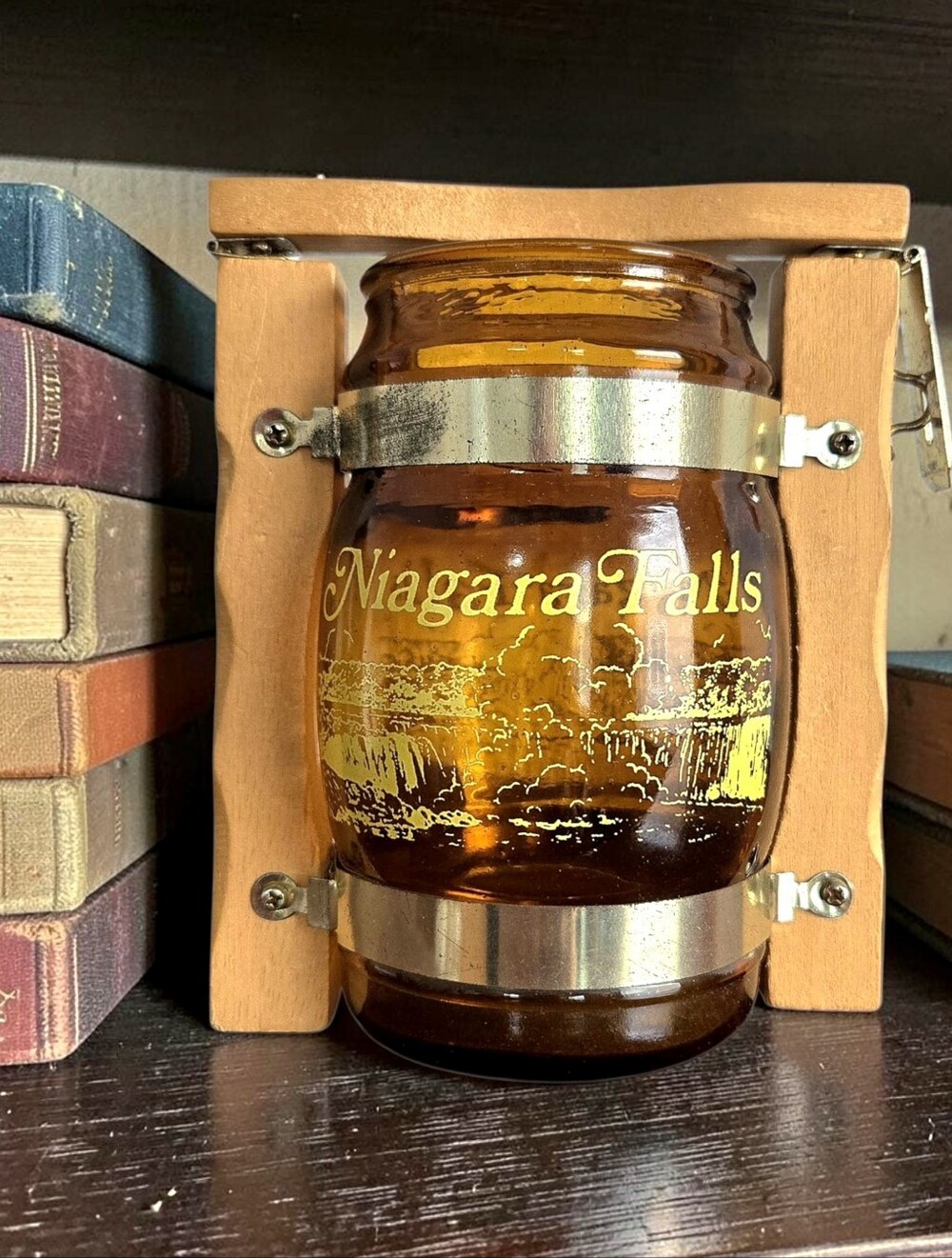 VTG Niagara Falls Amber Glass Barrel Jar Novelty Souvenir for Parts or Upcycle